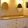 New Bath- Pocasset, MA-Design, custom vanity and countertops provided- Custom white painted beadboard style cabinets and Corian countertops w/ intergrated sinks and back splash
